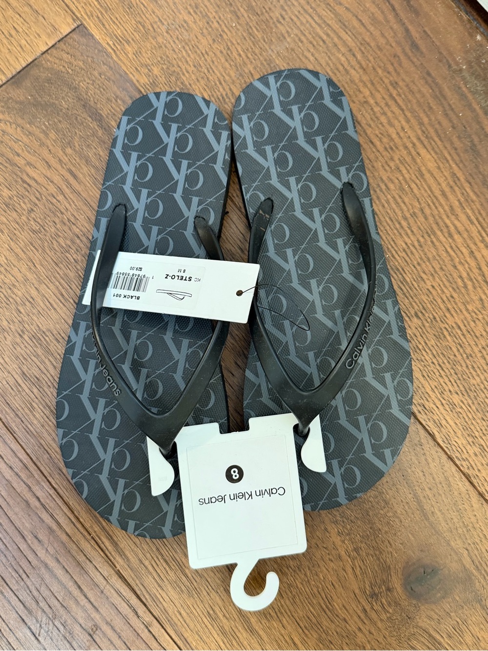 Calvin Klein Ladies Black and Grey Repeating Monogram Flip Flops NWT Size 8